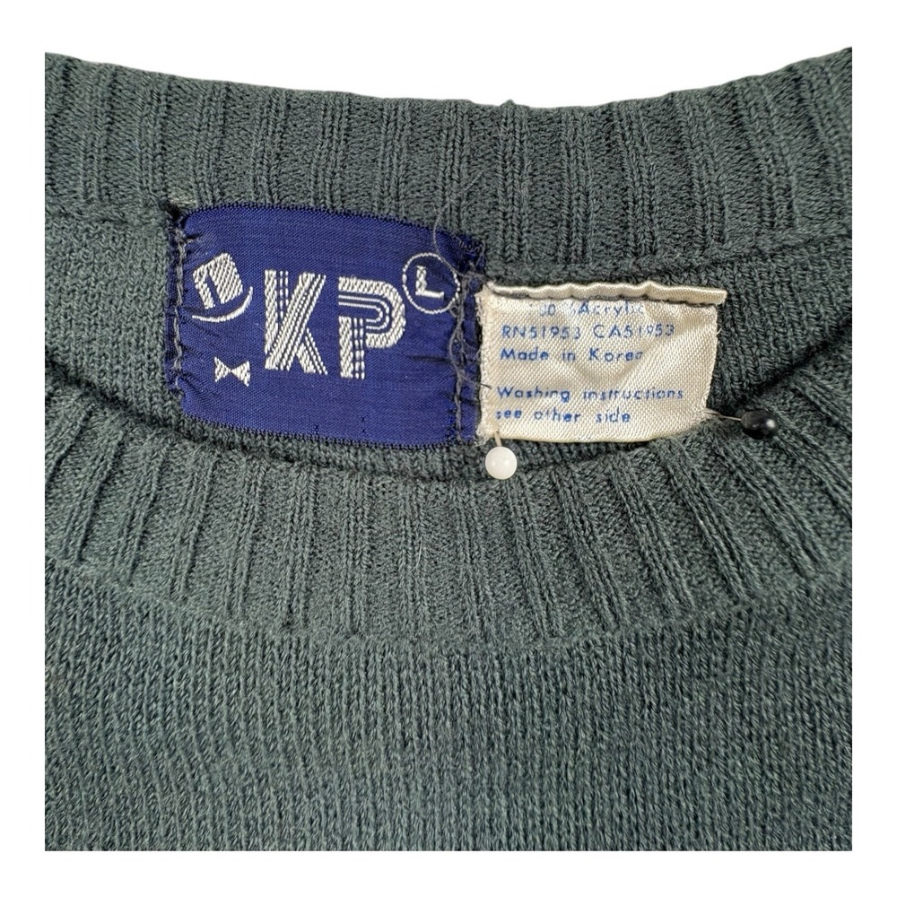 Vintage KP Korea Knit Sweater Green Gray‎ Striped Long Sleeve Size L - Picture 3 of 7